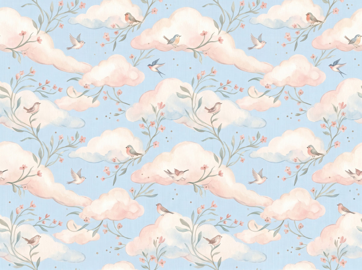 Soft Pastel Floral Bird Nursery Sky Wallpaper in your room — zoomed