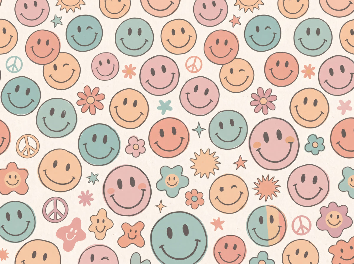 Whimsical Happy Faces and Flower Patterned Decor Wallpaper⁠
