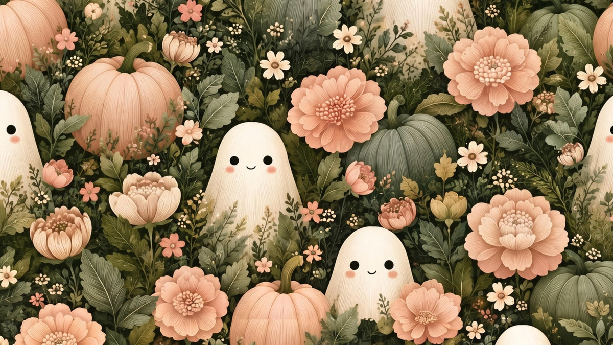 Cute Ghost and Pumpkin Autumn Garden Wallpaper Wallpaper⁠ in your room — zoomed