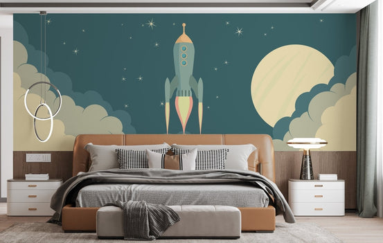 Space rocket wall mural in a minimalist room with a white bed and rug.