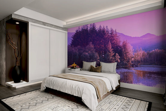 Ethereal landscape wall mural featuring a lavender sunset.