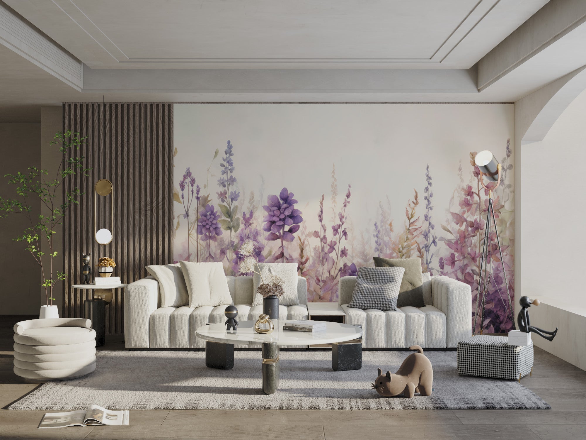 Soft purple watercolor wallpaper with delicate floral stems for walls.