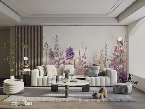 Soft purple watercolor wallpaper with delicate floral stems for walls.