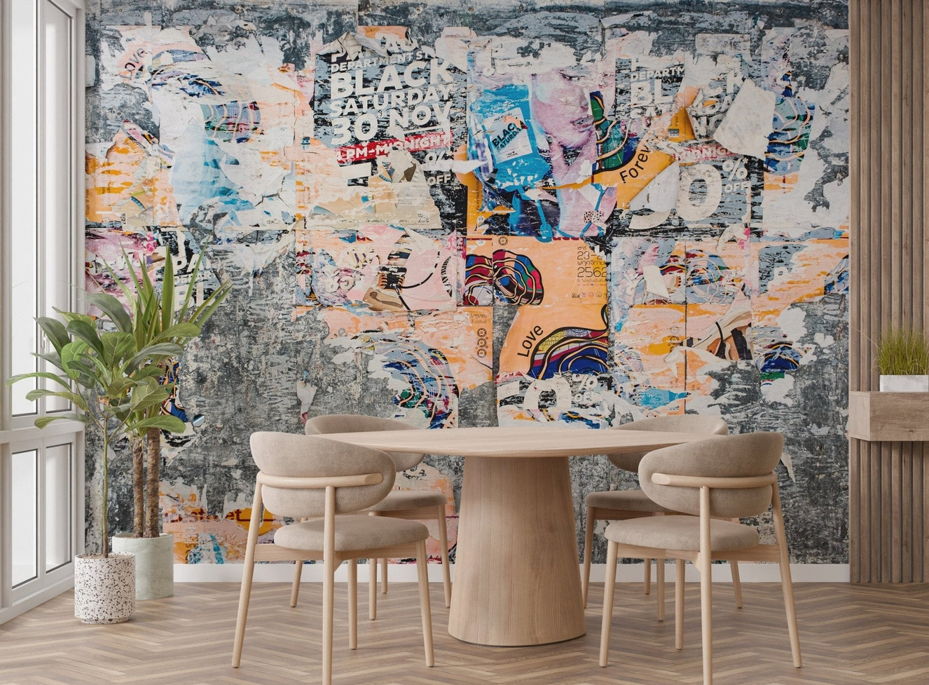 Distressed layered echoes wall art mural with a grunge poster texture.
