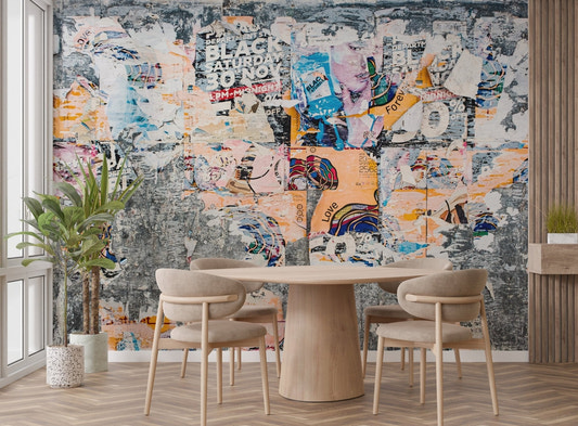 Distressed layered echoes wall art mural with a grunge poster texture.
