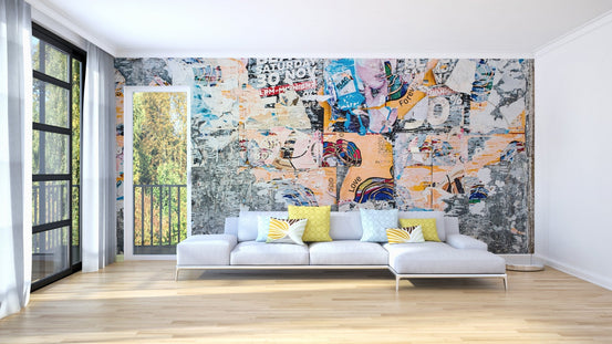 Ripped poster layered wall mural with a raw and artistic appeal.