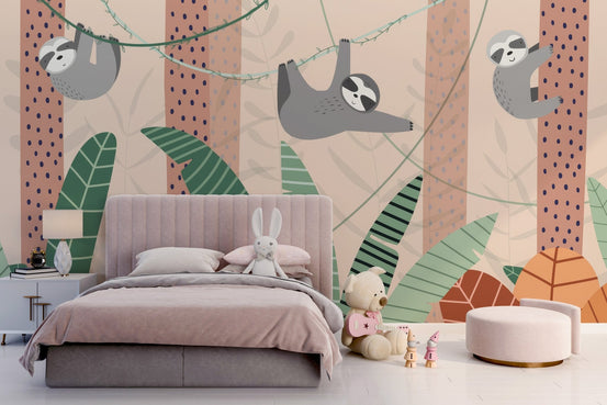 Lazy sloths hanging wall mural with grey cartoon animals on vines.
