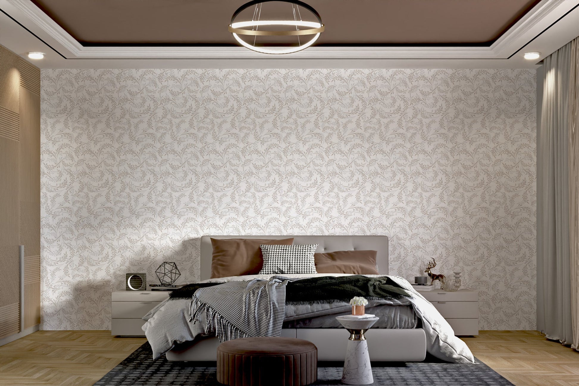 Cream colored leaf mural for a neutral bedroom feature wall design.