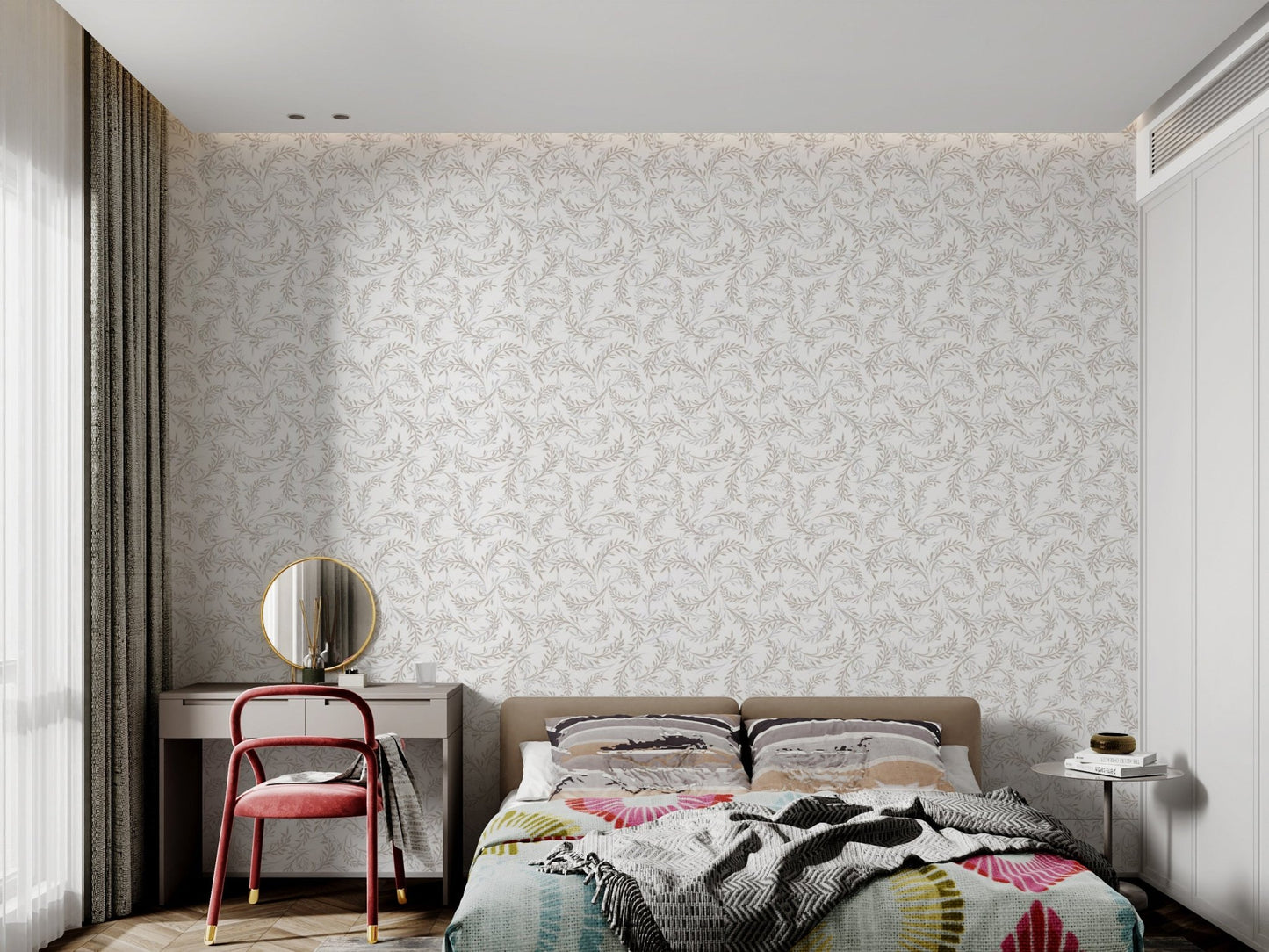Minimalist leaf pattern wall mural with a repetitive foliage design.