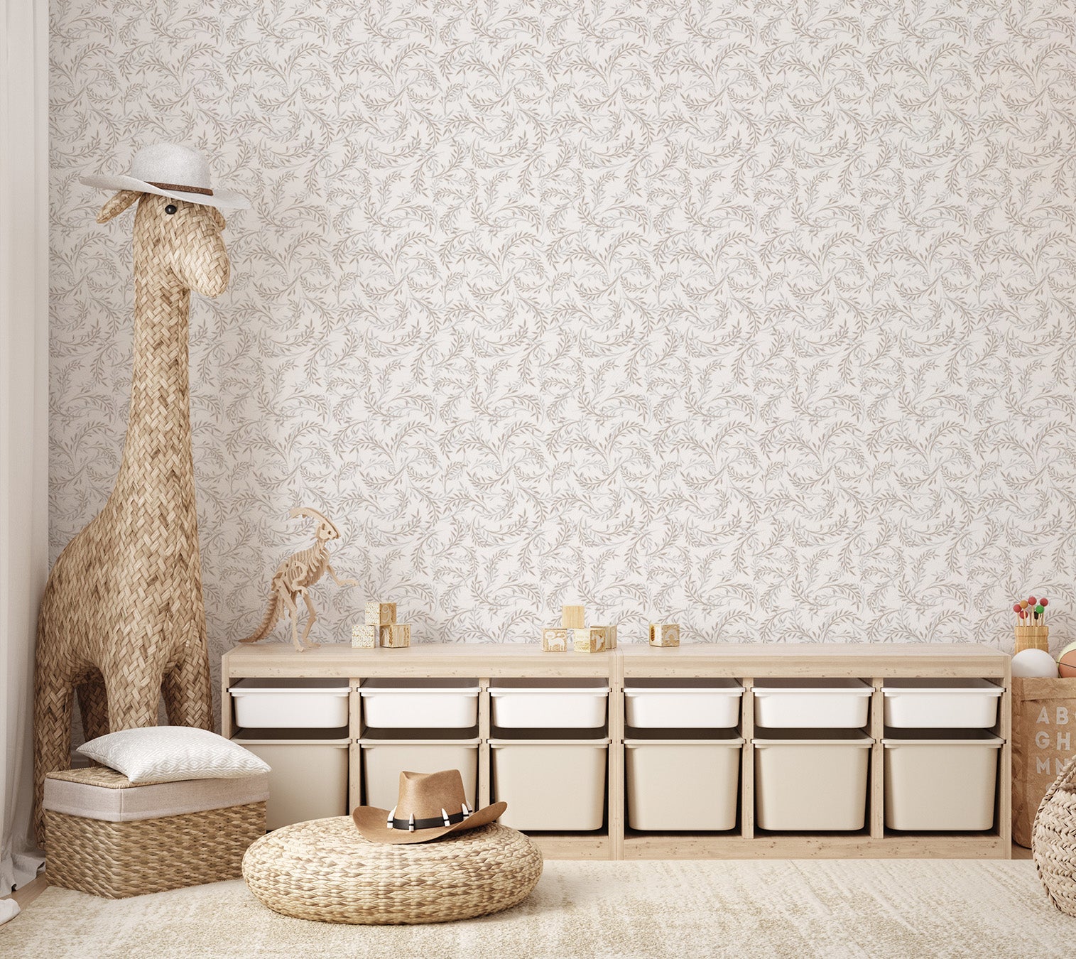 Botanical leaf wall mural with a white background for bright rooms.