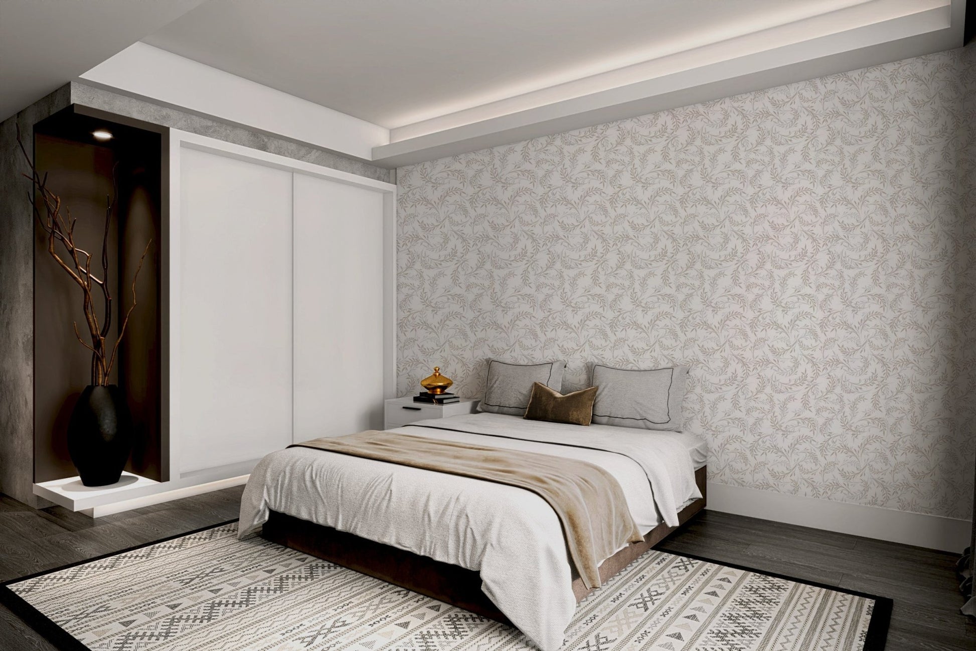 Light beige leaf pattern wall mural for a minimalist bedroom.