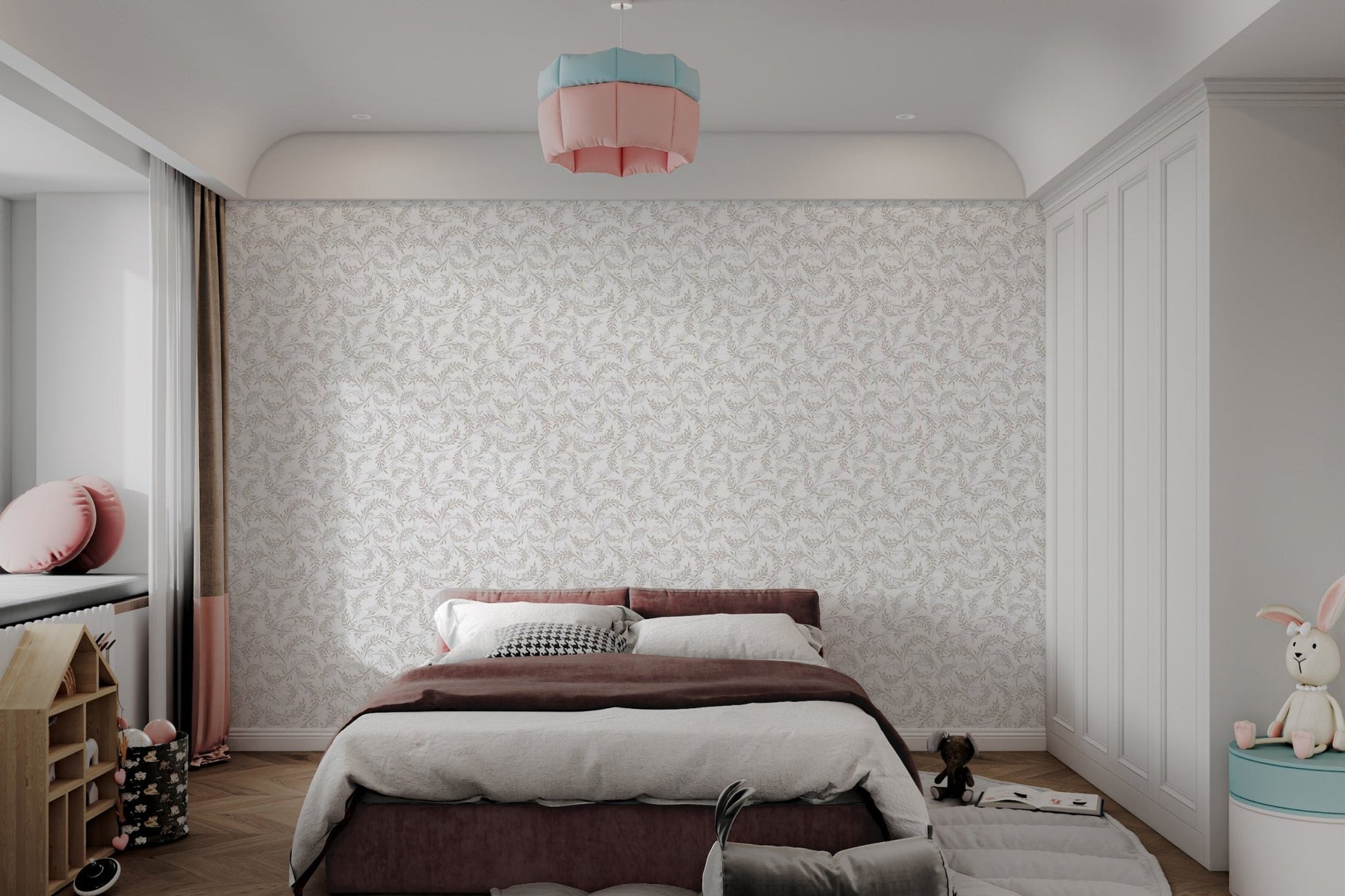 Small leaf pattern wall mural in a neutral color for bright bedroom.