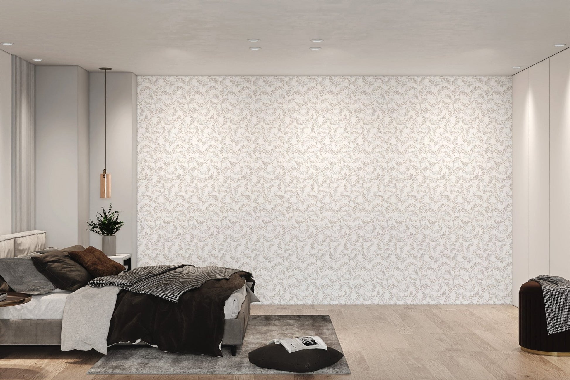 Repetitive botanical leaf wall mural in neutral white and cream tones.