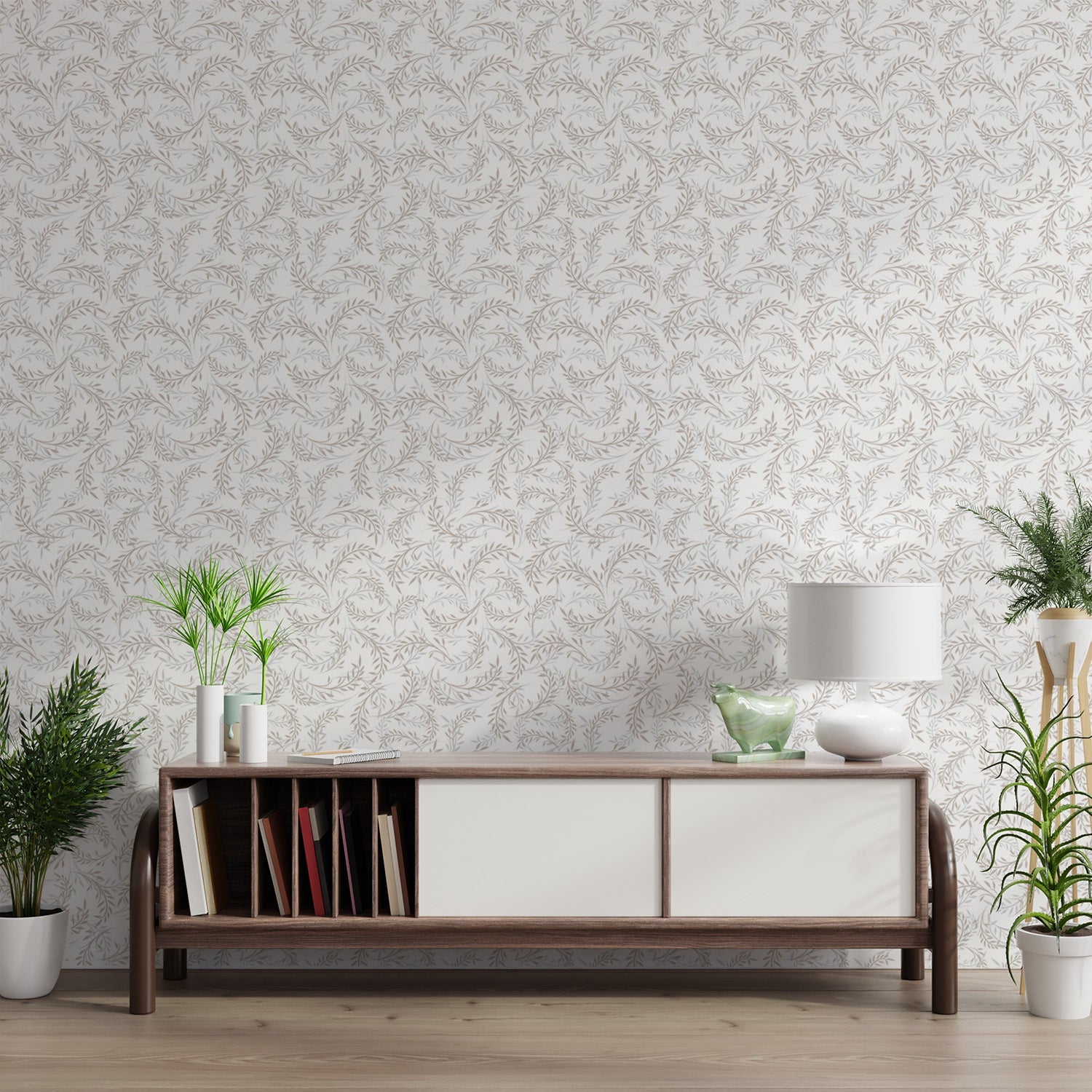 White and tan leaf pattern mural for a contemporary hallway area.