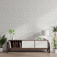 White and tan leaf pattern mural for a contemporary hallway area.