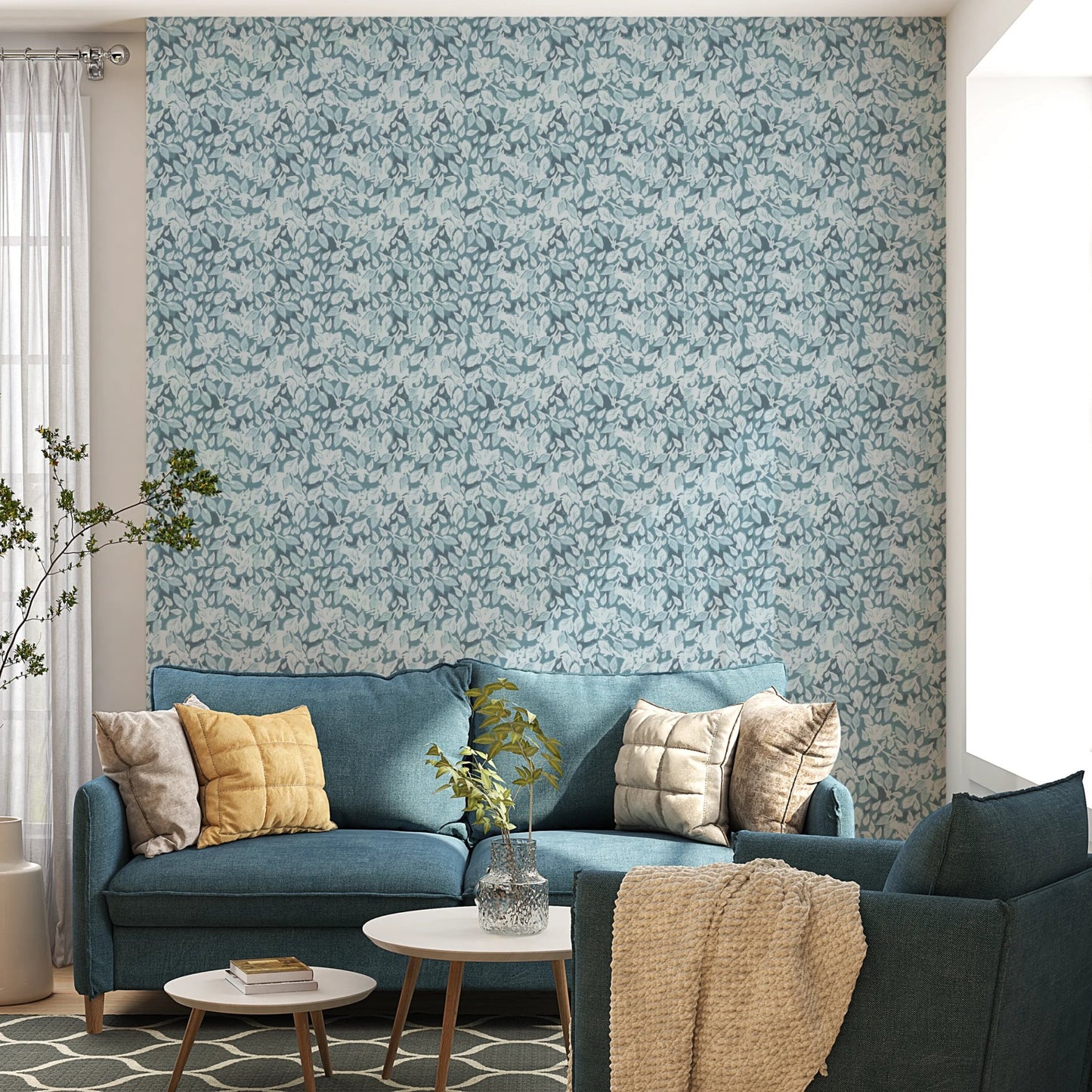 Botanical Leaves In Deep Blue Wallpaper in living area.