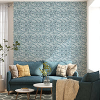 Botanical Leaves In Deep Blue Wallpaper in living area.