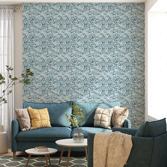 Botanical Leaves In Deep Blue Wallpaper in living area.