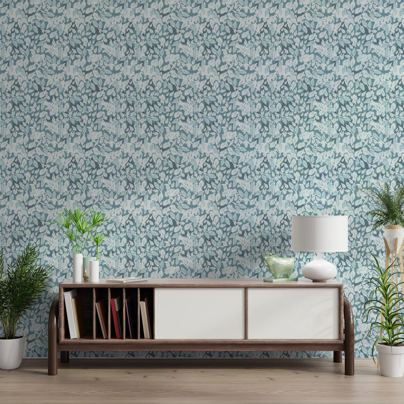 Blue leaf pattern wallpaper in office space.