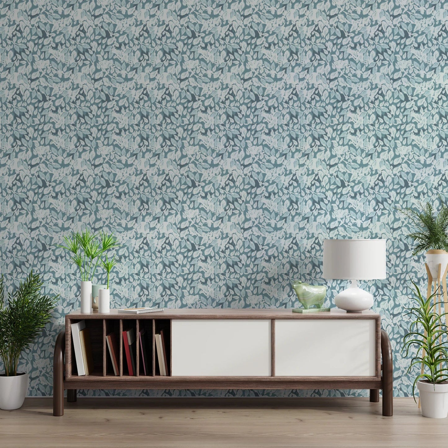 Blue leaf pattern wallpaper in office space.