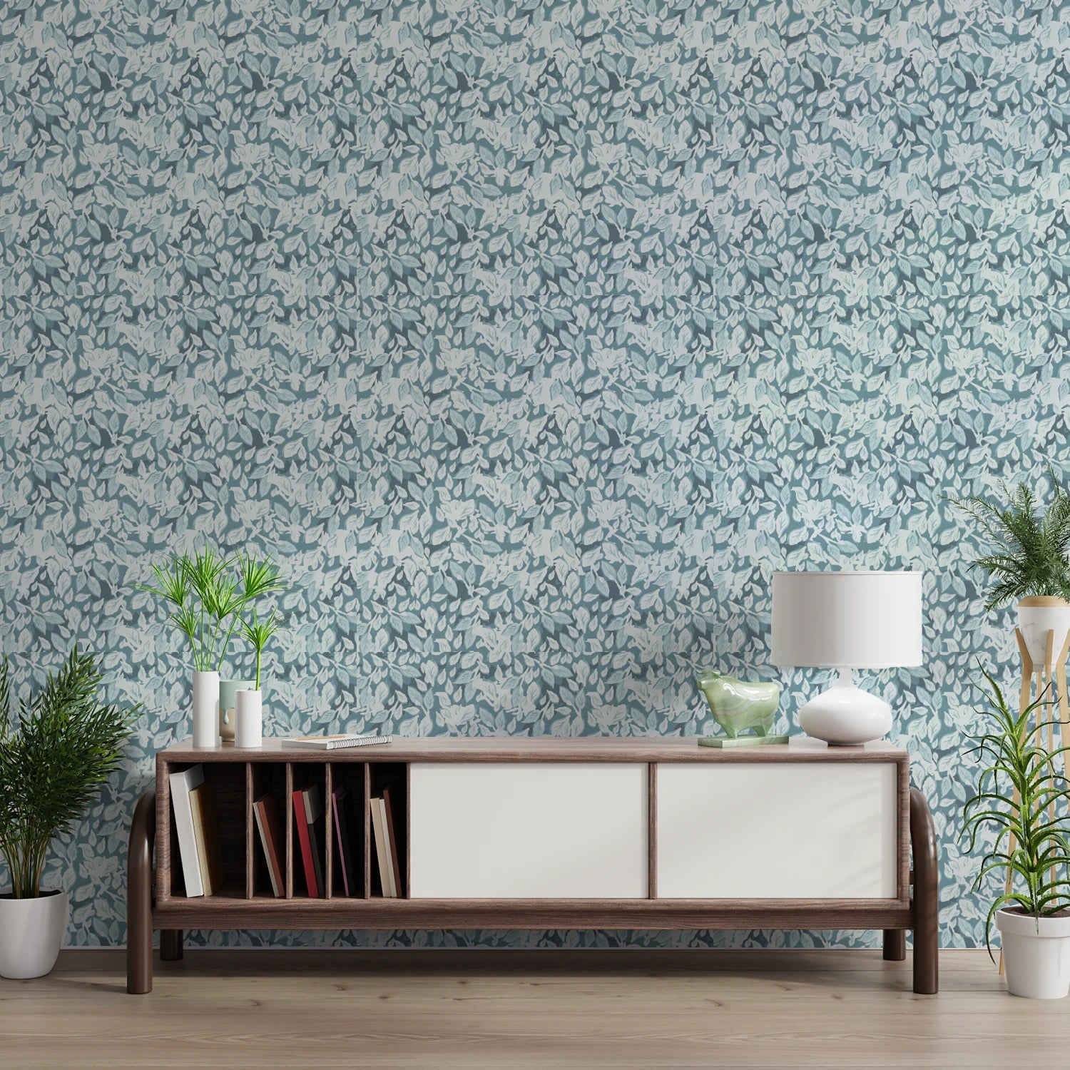 Blue leaf pattern wallpaper in office space.