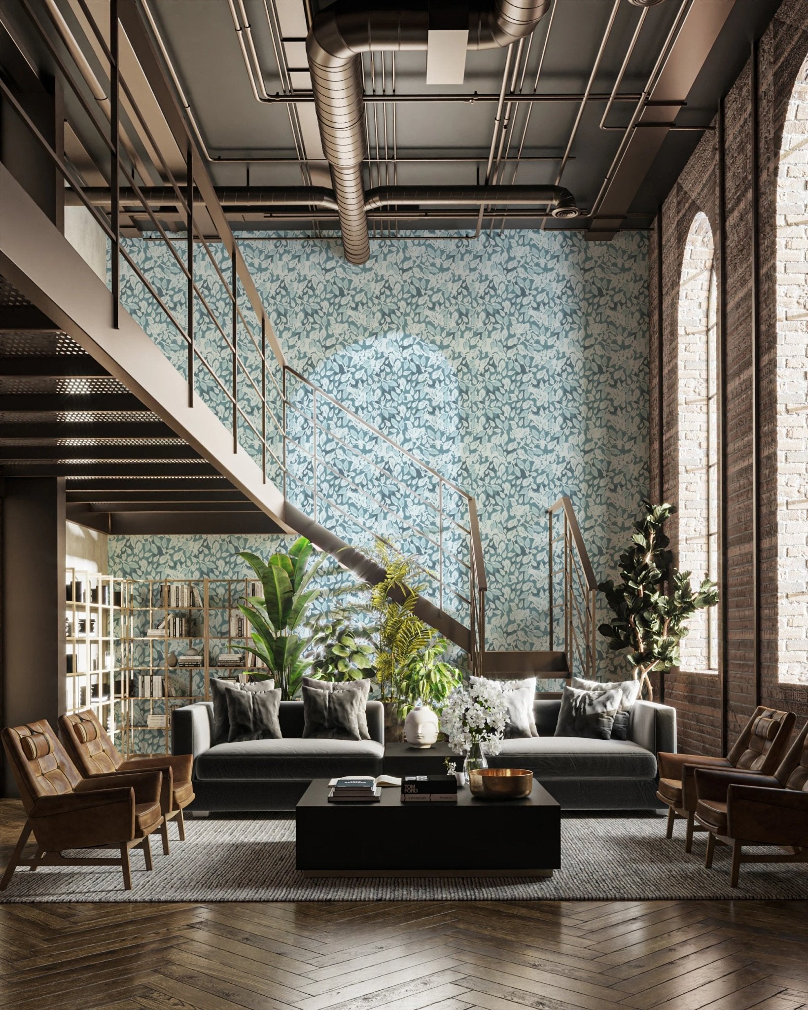 Industrial loft area with and blue leaves wallpaper.