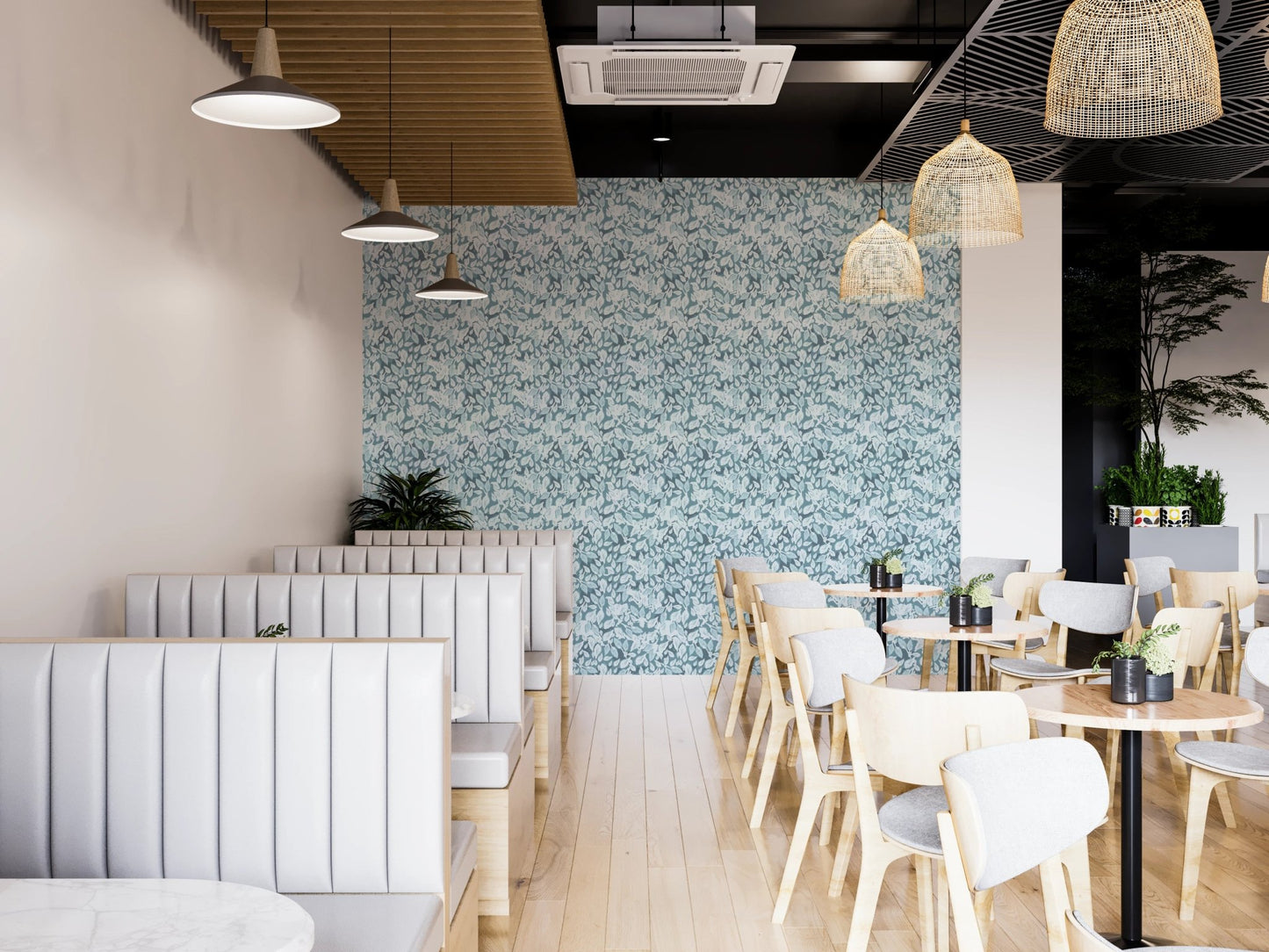 Restaurant interior with blue leaves design wallpaper.