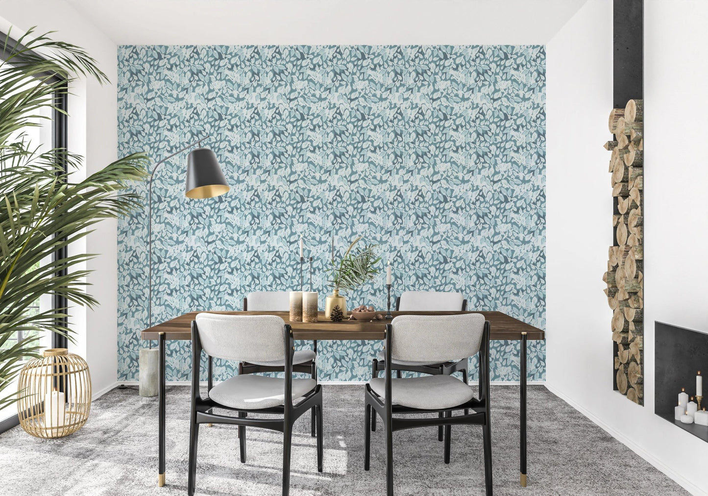 Dining room featuring a blue leaves print wallpaper.