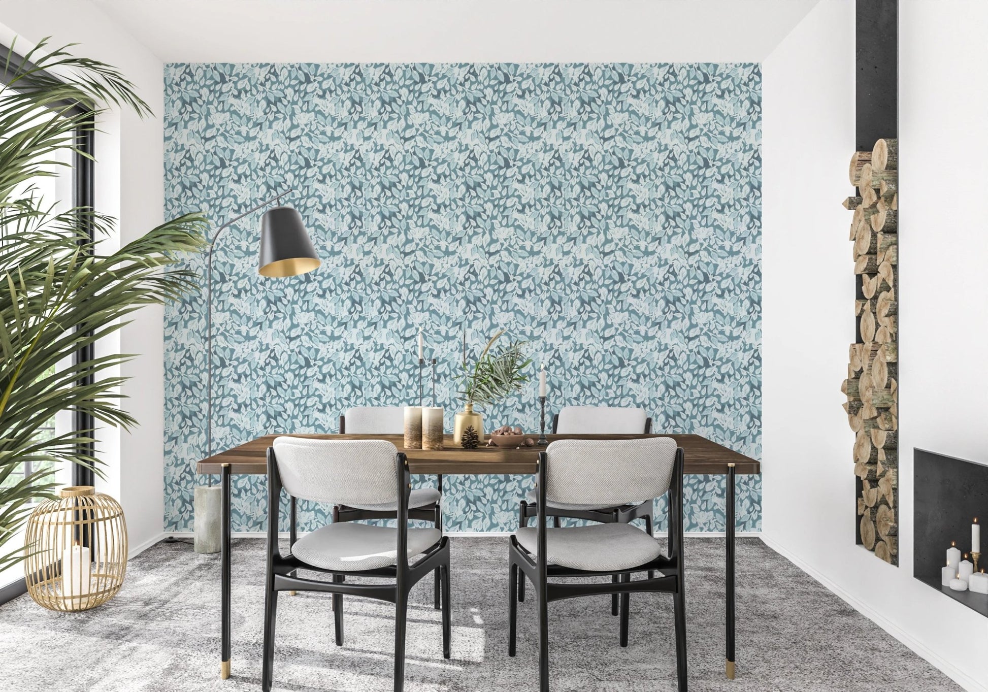 Dining room featuring a blue leaves print wallpaper.