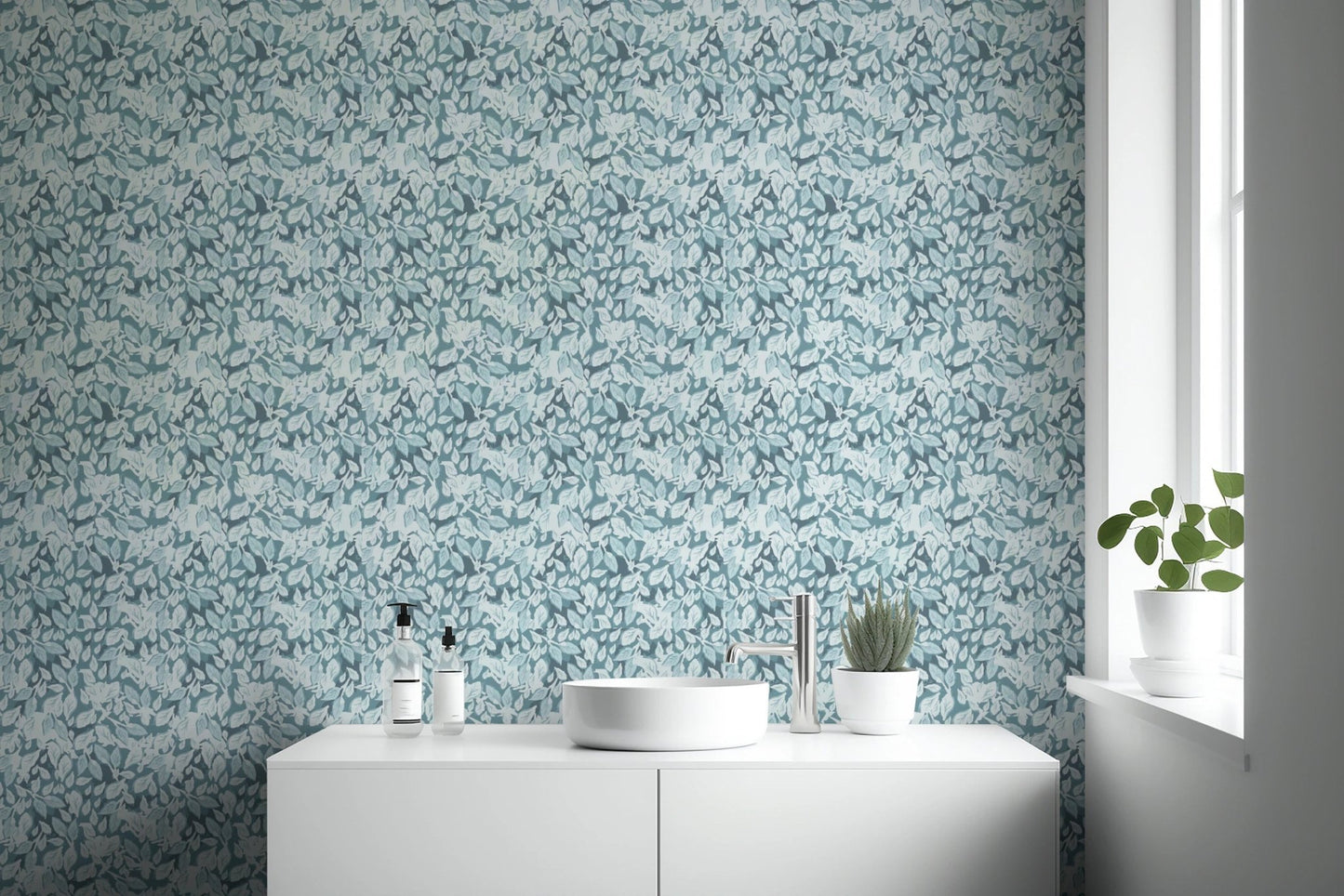 Leaves In Deep Blue Wallpaper used in a white bathroom setting.