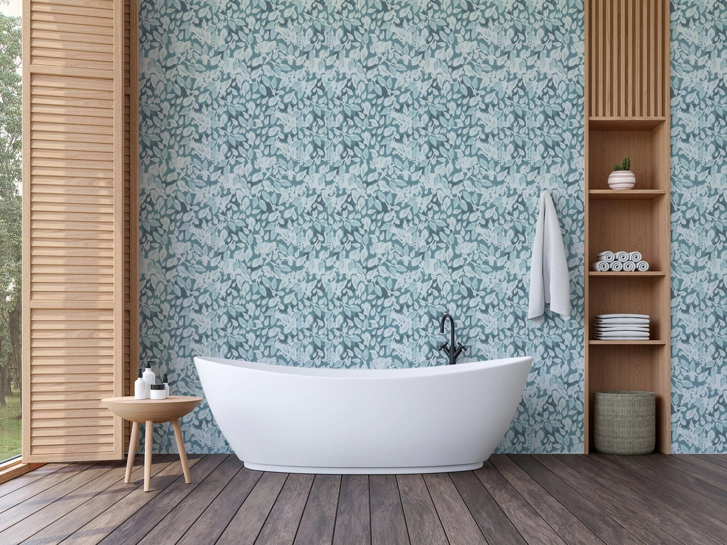 blue leaf pattern wallpaper in bathroom.
