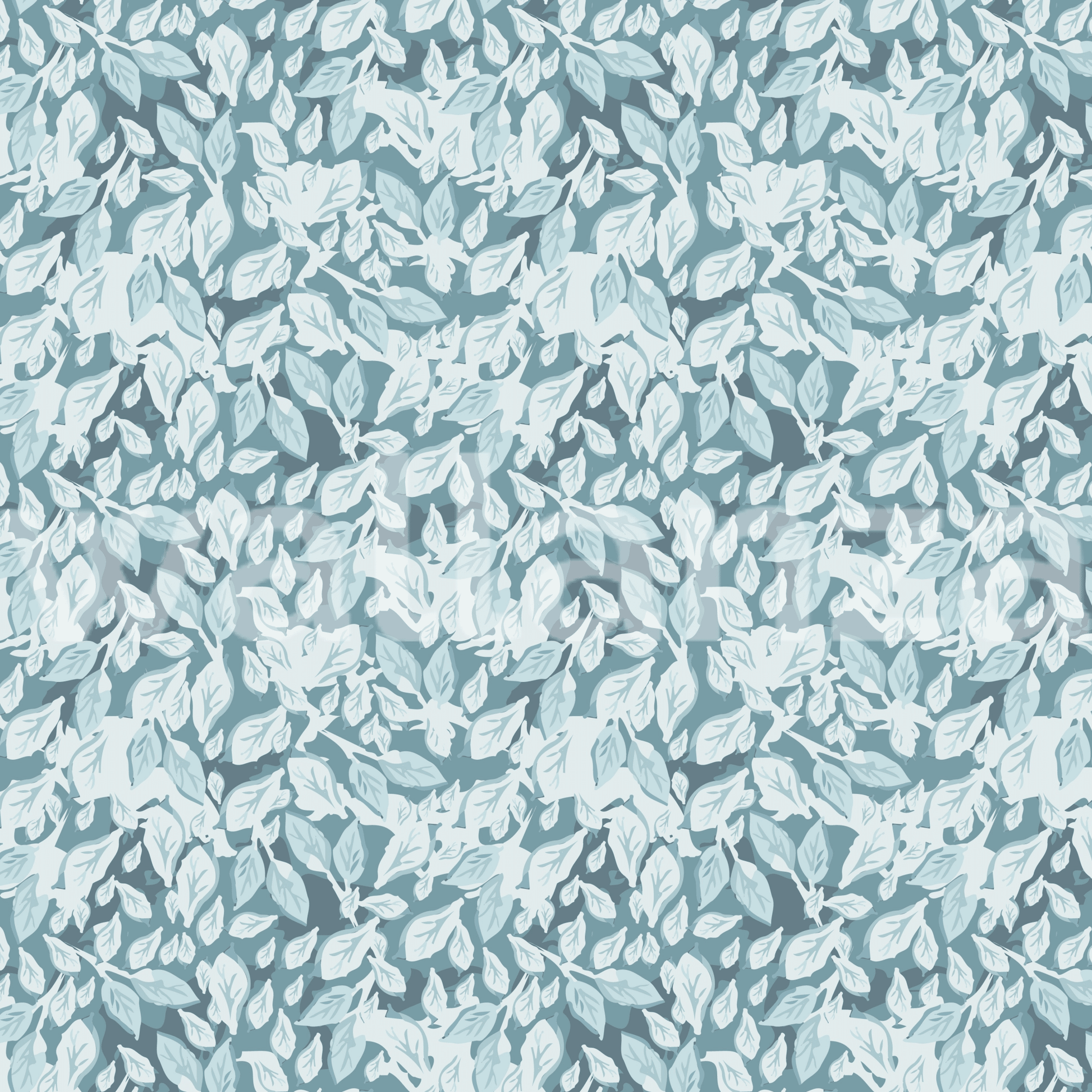 Pattern detail of blue leaves on a textured wallpaper background.