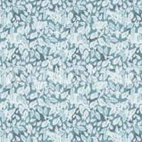 Pattern detail of blue leaves on a textured wallpaper background.