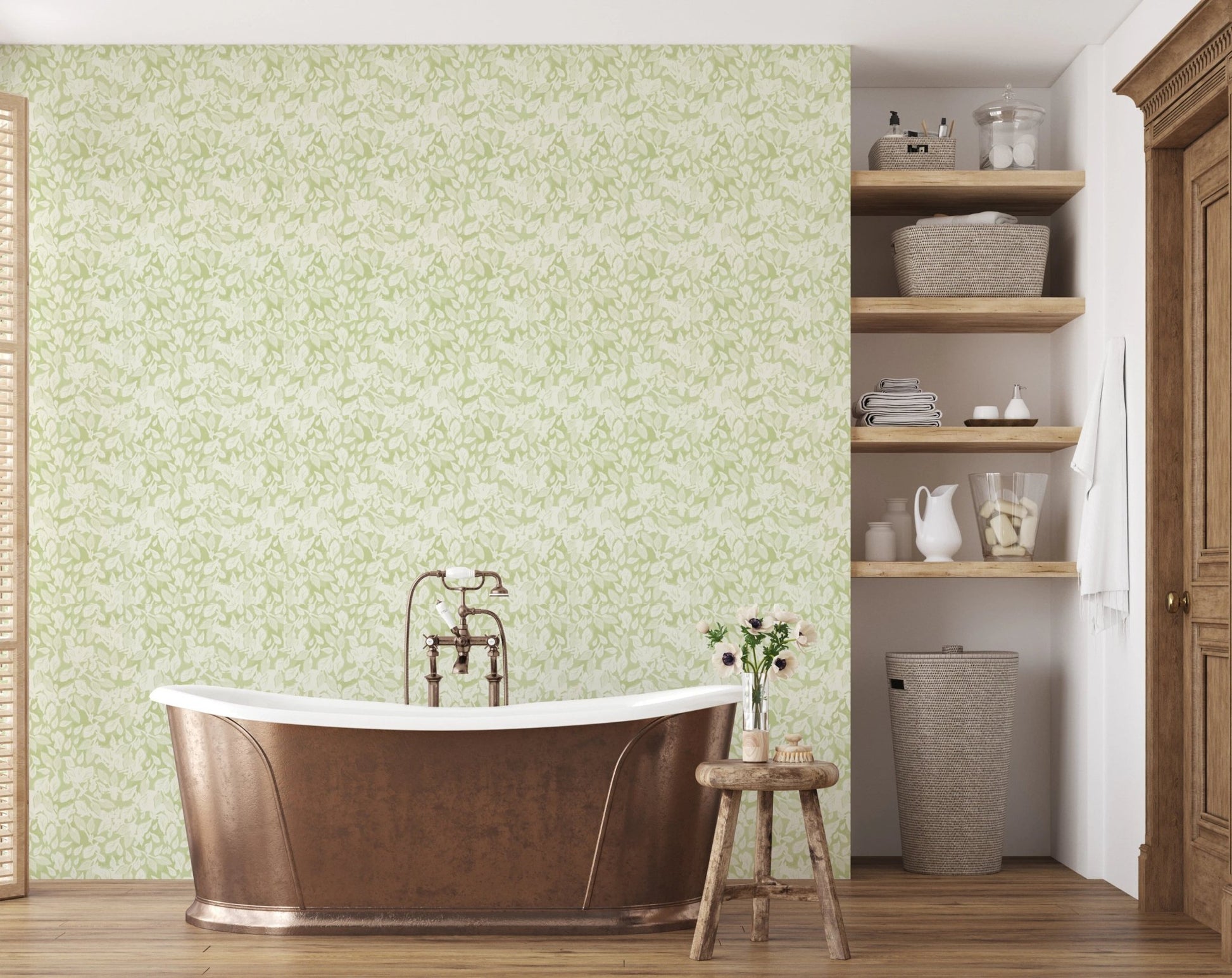 Pale green leaves wallpaper in modern bathroom.