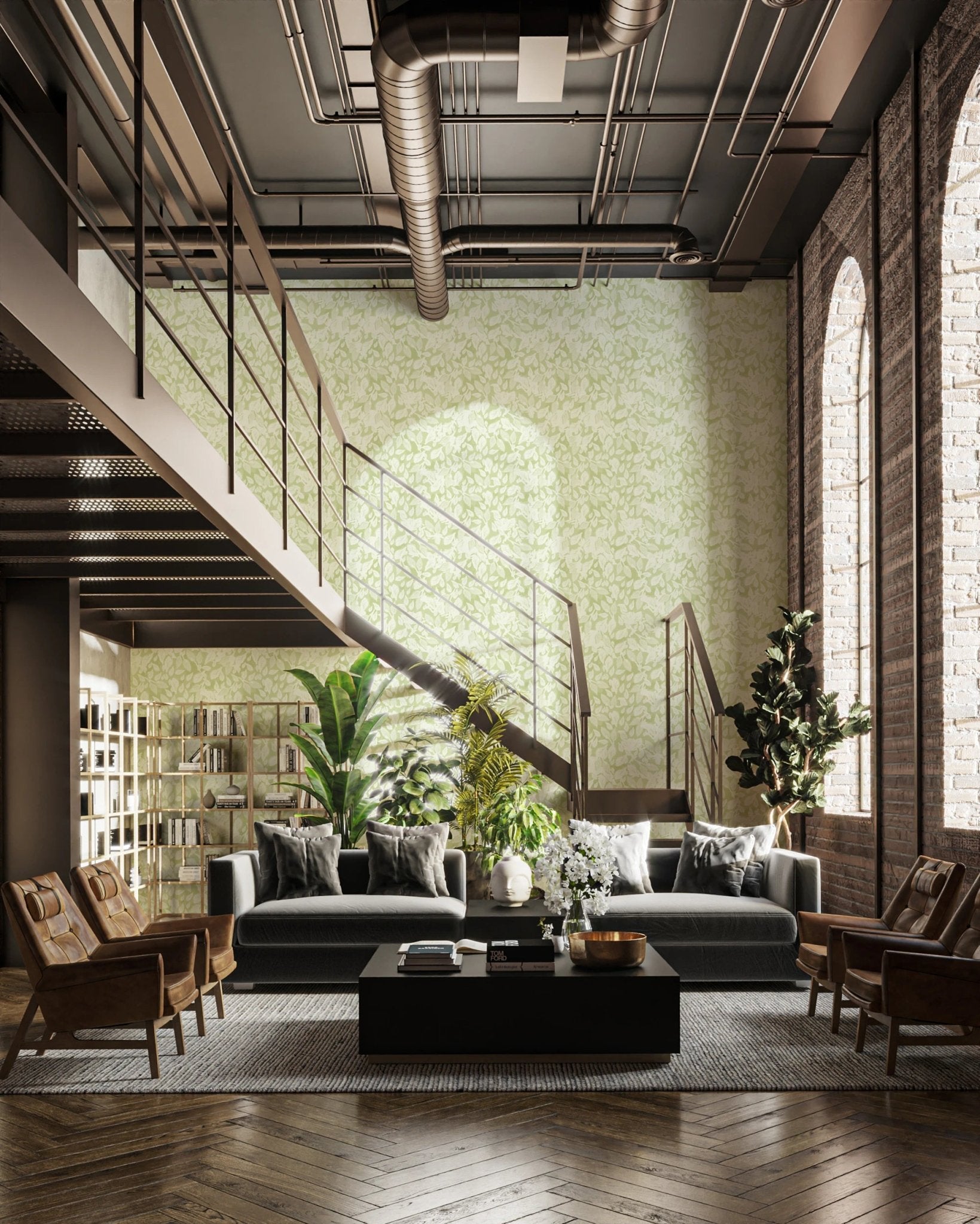 Industrial loft space featuring leaves pattern wallpaper.