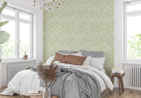 Bright bedroom featuring Leaves In Deep Green Wallpaper.