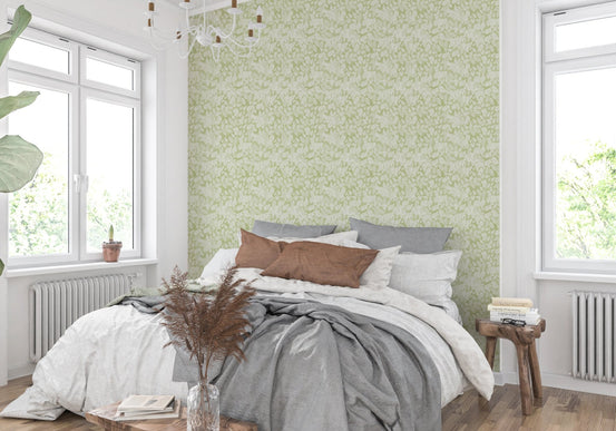 Bright bedroom featuring Leaves In Deep Green Wallpaper.