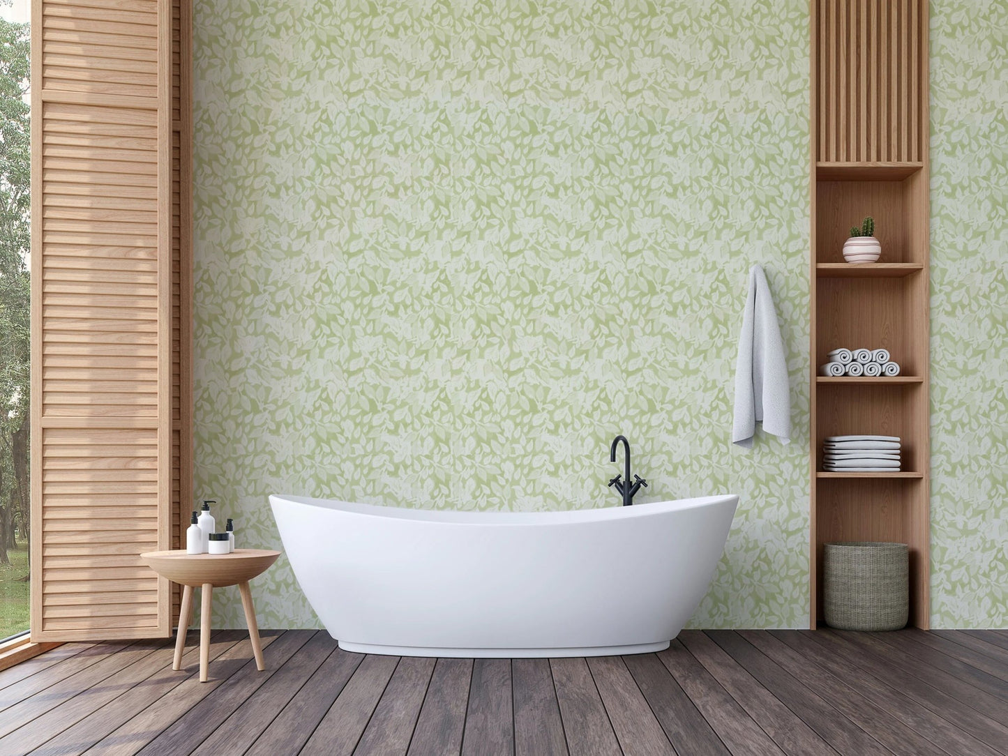 Green leaf pattern wallpaper as bathroom backdrop.