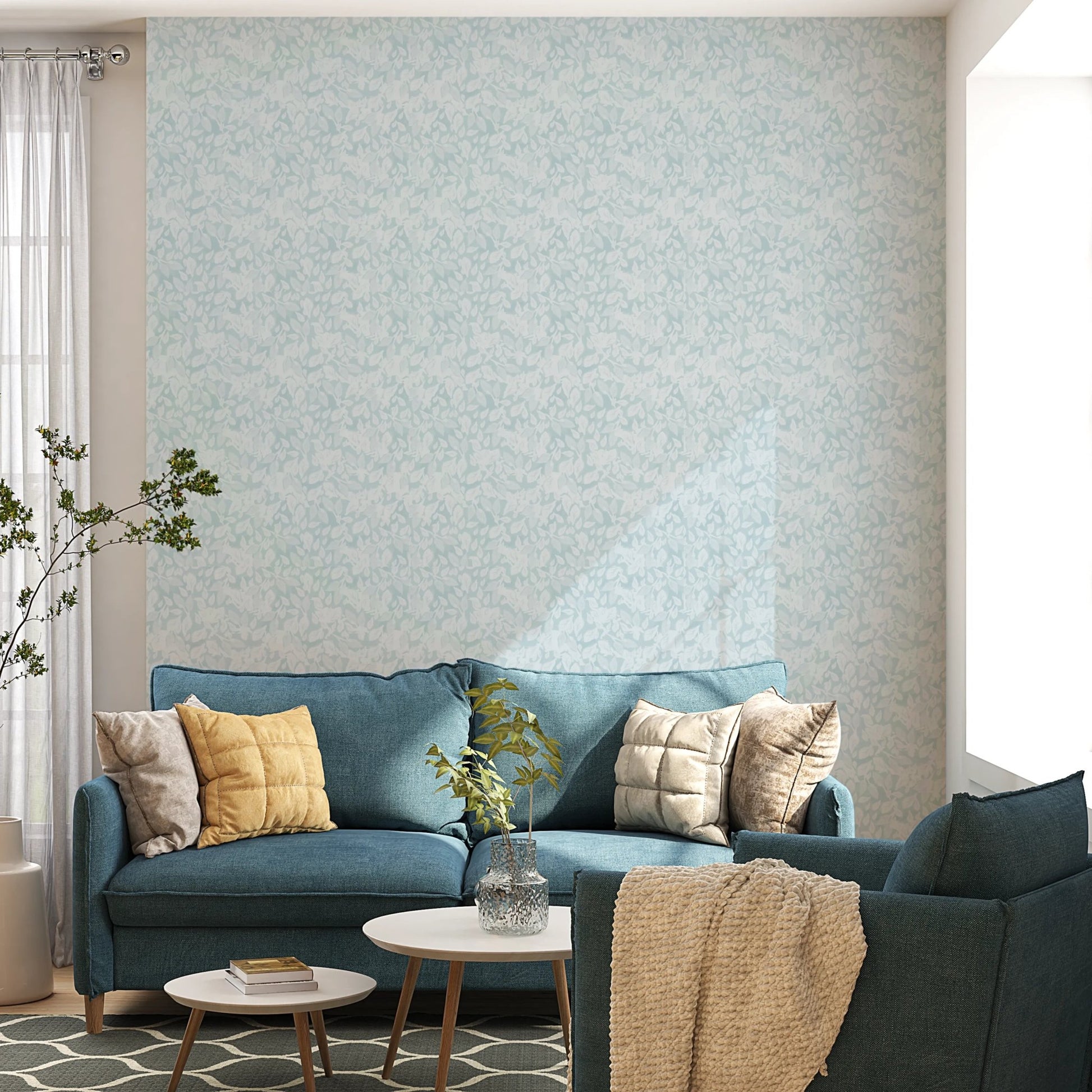 Leaves In Deep Sky Blue Wallpaper in a living area.