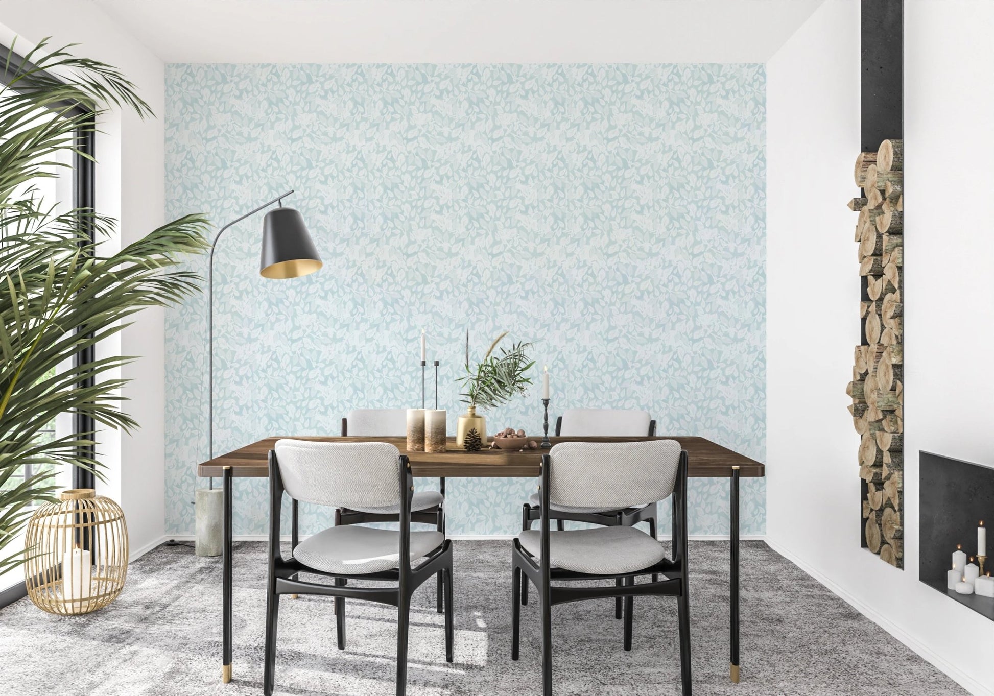 Blue leaf wallpaper in a modern dining space.