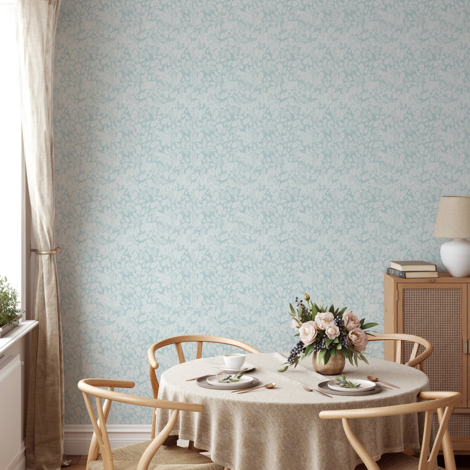 Leaves In Deep Sky Blue Wallpaper in a dining room.