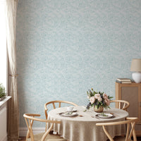 Leaves In Deep Sky Blue Wallpaper in a dining room.