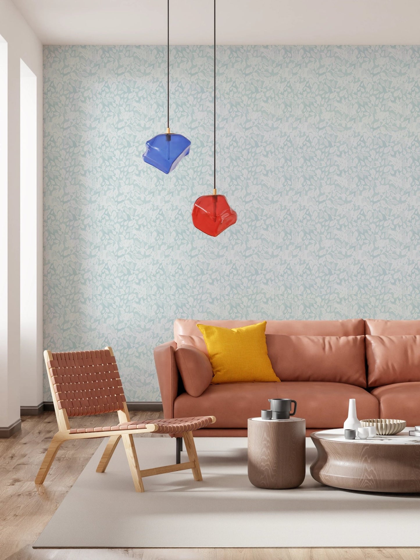 Light blue leaf wallpaper in a living room backdrop.