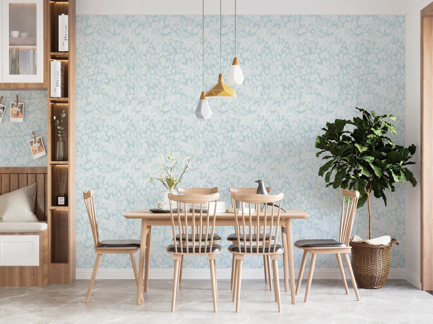 Sky blue leaf pattern wallpaper in a dining area.