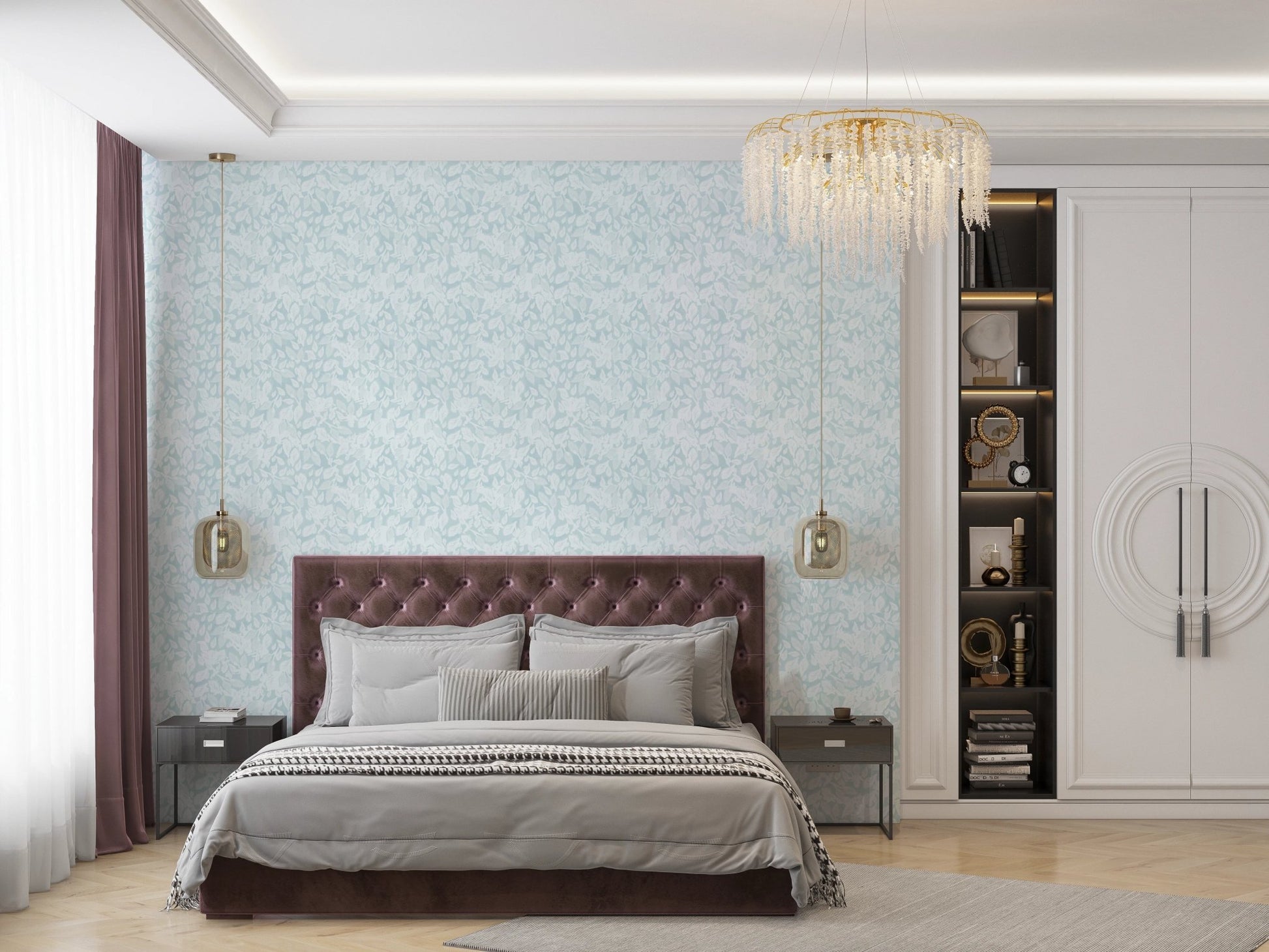 Patterned blue wallpaper in a master bedroom.