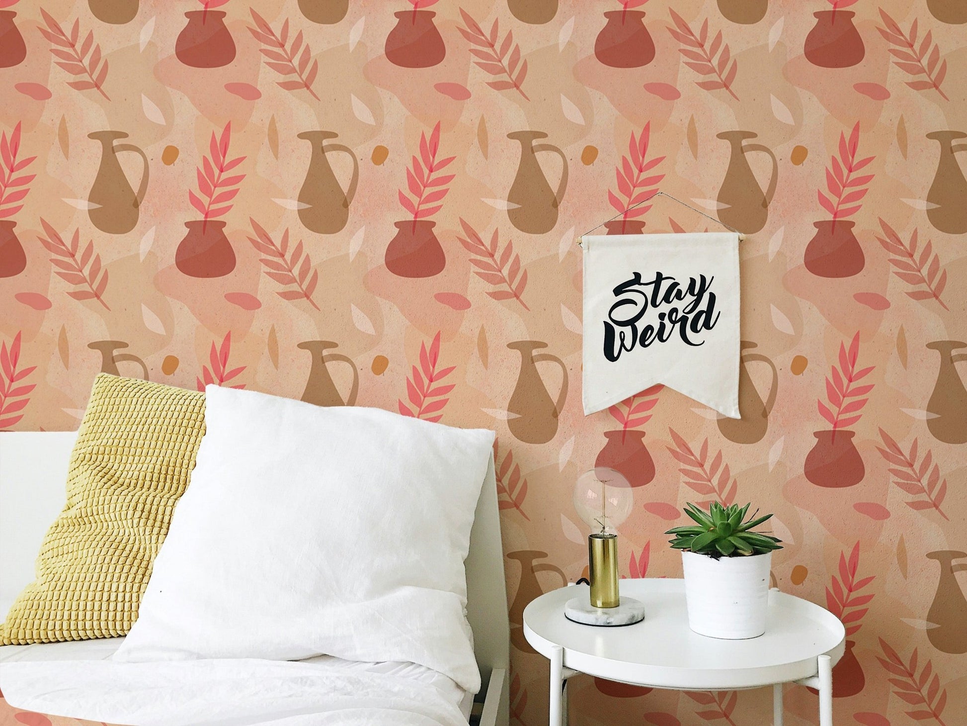 Bedroom wallpaper featuring vintage pitcher illustrations and botanical stems.