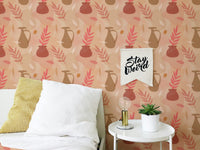 Bedroom wallpaper featuring vintage pitcher illustrations and botanical stems.