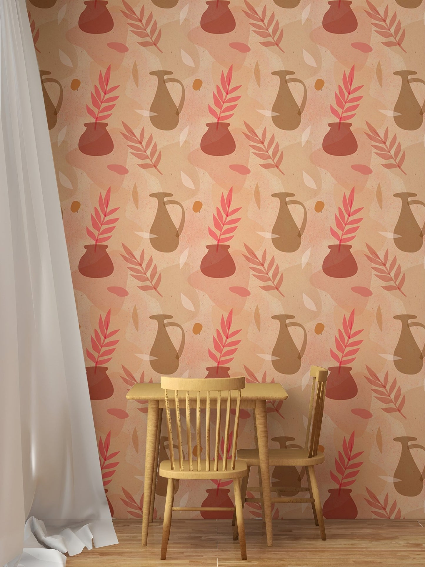 Small wooden dining set against a pastel vase design wallpaper.