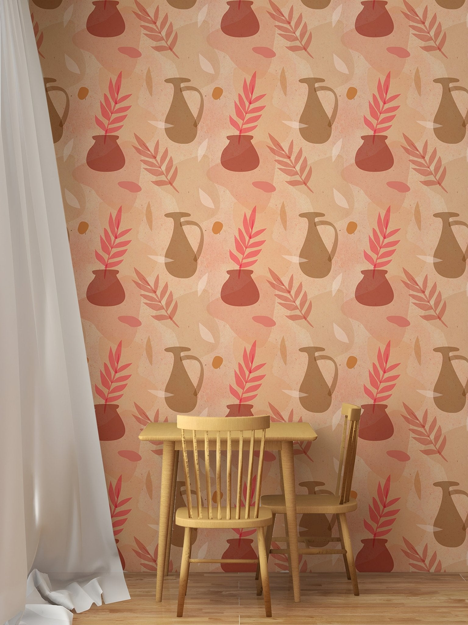 Small wooden dining set against a pastel vase design wallpaper.