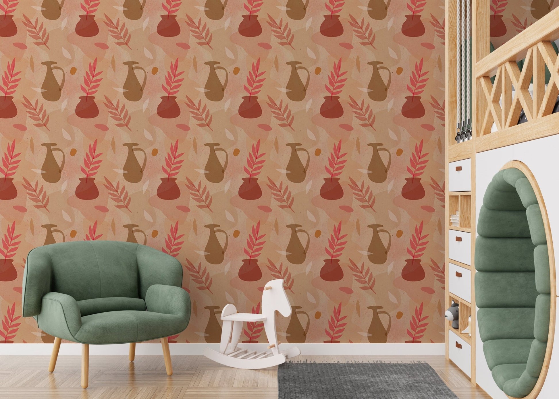 Nursery with a green armchair and vintage vase print wallpaper.